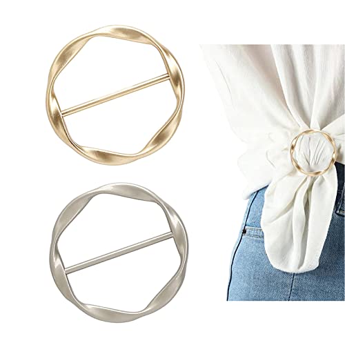 2PCS Silk Scarf Ring Clip for Women T-shirt Tie Clips Clothing Ring Wrap Holder Fashion Round Circle Clip Belt Buckle (Gold+Silver)