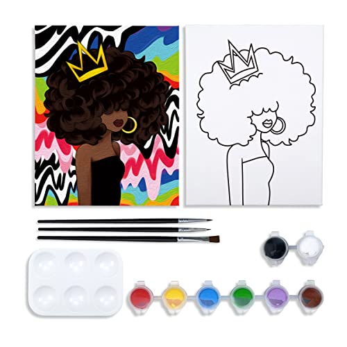 VOCHIC Canvas Painting Kit Pre Drawn Canvas for Painting for Adults Party Party Kits Paint and Sip Party Supplies 8x10 Canvas to Paint Afro Queen 8 Acrylic Colors,3 Brush,1 Pallet Girl Paint Art Set