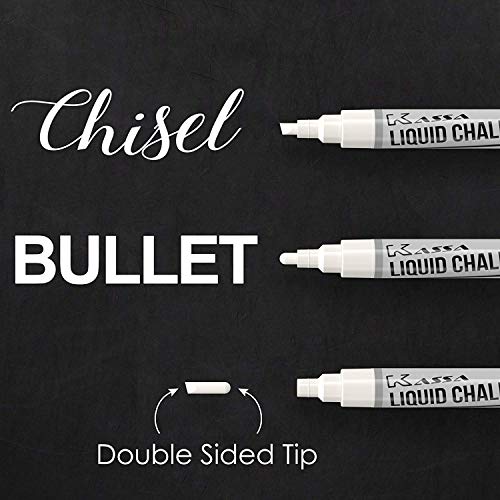 Kassa White Chalk Markers (4 Pack) Liquid Chalkboard Pens: Erasable Blackboard, Classroom, Signs, Windows, Glass or Mirrors; Erasable Chalk Board Paint Marker with Reversible Dual Tip (Fine & Chisel)
