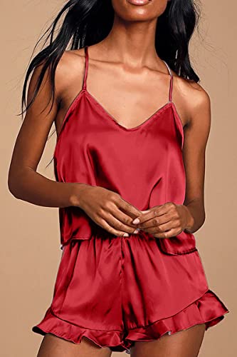 CHYRII Women's Sexy V Neck Sleepwear Satin Pajamas Sets Cami Shorts Nighwear 2 Pieces PJS Red L