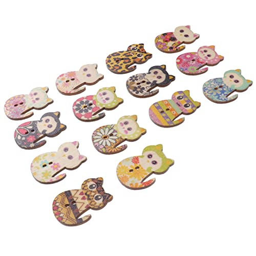 Tinksky Wooden Buttons Multicolored Cat Shaped 2 Holes Wood Printing Sewing Buttons for Sewing and Crafting DIY, Pack of 50 (Mixed Color)