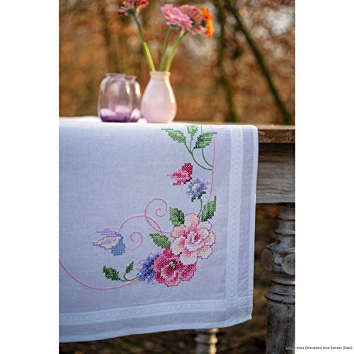 Vervaco Embroidery Kits Cross Stitch Table Runner DIY Kit, Tablecloth to Embroider with Embroidery Image in Modern Design, Cotton and Embroidery Thread, 16 x 40 Inches, Flowers & Butterflies