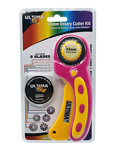 Ultima 45mm Rotary Cutter Kit – Ergonomic Rotary Cutter with 8 SKS-7 Steel Blades, Straight & Pattern-Cut
