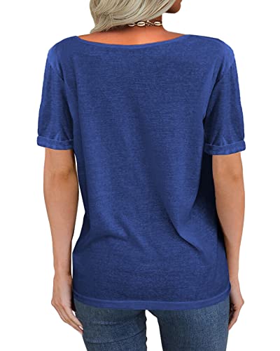Danedvi Women Fashion Deep V-Neck Short Sleeve Tops Solid Casual Loose Basic T Shirt Royal Blue