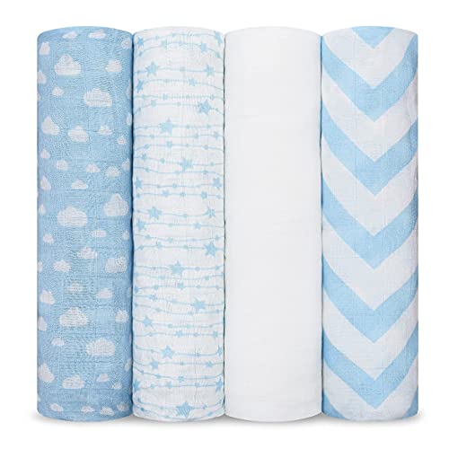 Muslin Swaddle Blankets Neutral Receiving Blanket Swaddling, Wrap for Boys and Girls, Baby Essentials, Registry & Gift by Comfy Cubs (Blue)