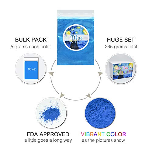 Mica Powder Pure 53 Color - Metallic Epoxy Resin Color Pigment - Cosmetic Grade Slime Coloring - Natural Soap Dye for Soap Making Kit, Candle Dye, Bath Bomb Colorant, Paint, Nail Art - 0.18oz Each
