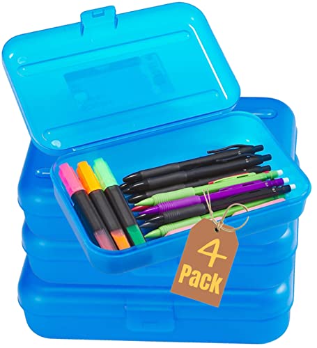 1InTheOffice Pencil Box, Translucent Blue, Plastic School Pencil Boxes, 4 Pack