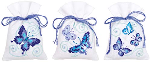 Vervaco Cross Stitch Bag Kit Blue Butterflies (Set of 3) 3.2" x 4.8"