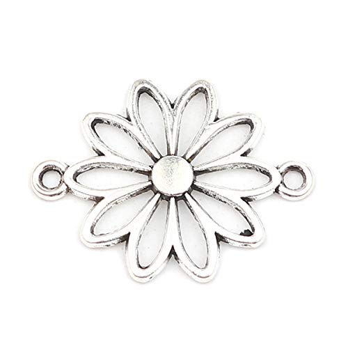 JGFinds Daisy Flower Connector Charms - 45 Pack, 1 inch by 3/4 inch with 1/8 inch bell, Antique Silver Tone, DIY Jewelry Making Supplies