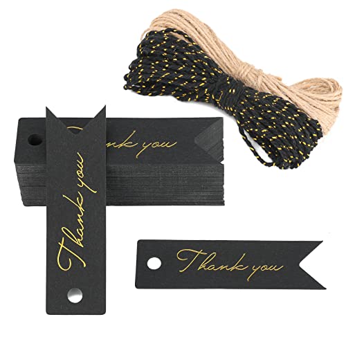 High-end Metallic Gold Thank You Tags, 100PCS 2.8'' x 0.8'' Gift Tags with String for Arts and Crafts,Gift Wrapping (Black)