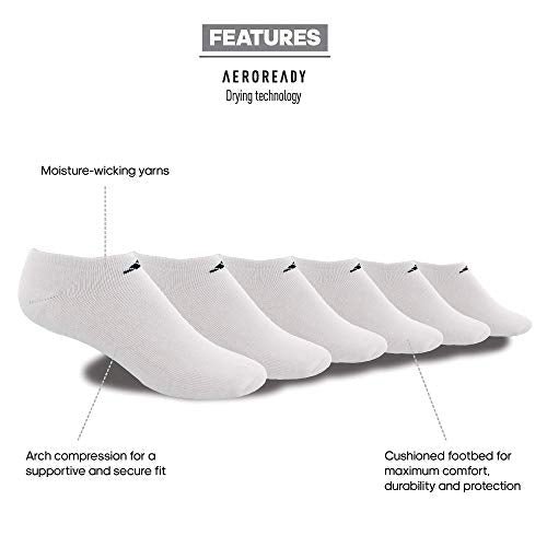adidas mens Athletic Cushioned No Show Socks (6-Pair), White/Black, X-Large