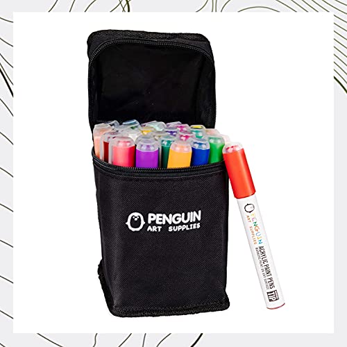 PENGUIN ART SUPPLIES 28 Dual Tip Acrylic Paint Pens: Craft Paint Markers for Painting Wood, Glass, and Halloween Decoration - Non Toxic Reversible Pen with 5mm + 3mm Fine Tip and Zipper Pouch