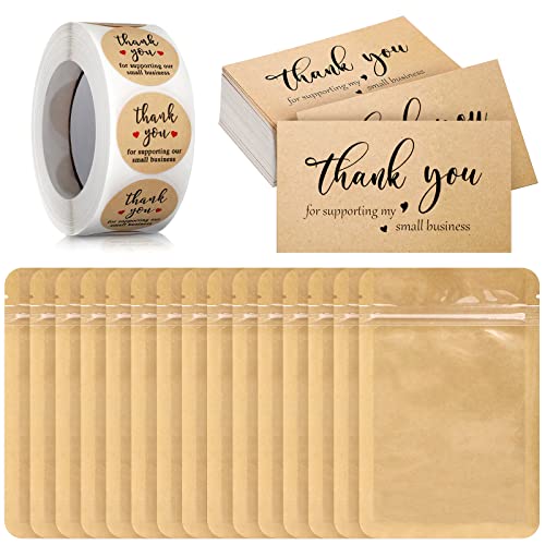620 Pieces Thank Cards and Stickers Set Thank Gold Foil Stickers Thank for Supporting My Small Business Stickers with Resealable Packaging Bag, Suitable for Business Owners(Kraft Paper)