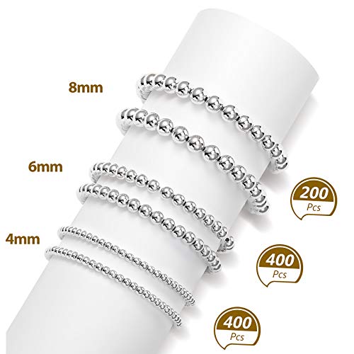 1200 Pieces Round Beaded Spacer Beads Seamless Smooth Loose Ball Beads for Stackable Bracelet Jewelry Craft Making, 8 mm, 6 mm, 4 mm (Silver)