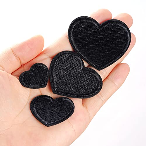 Lystaii 24pcs Heart Shape Iron on Patches Cute Mini Heart Iron-on sew-on Patches Embroidered Applique Decoration Patches Assorted Size Custom Patches for Clothing Jeans Hats Bags (4 Size, Black)