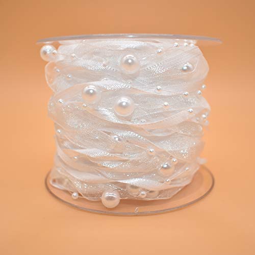 10M Artificial Bead Pearl Ribbon Chiffon Ribbon and Organza Lace Ribbon Trims for Wedding Flower Christmas Tree Decoration Sewing Craft Packaging (White)
