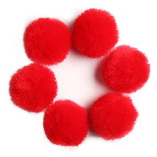 Fluffy Faux Fur Pompom Ball with Tiny Cord for Hat Shoes Garment Accessories 2.8in Pack of 6pcs Red