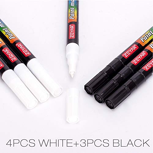 ZEYAR White and Black Acrylic Paint pen, Water Based, Set of 7, Extra Fine Point, Great for Rock Painting, Ceramic, Glass, Wood and smooth surfaces, Opaque ink (White and Black)