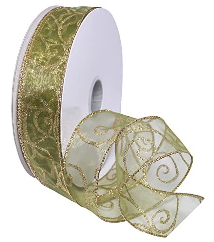Morex Ribbon Wired Swirl Ribbon, 1.5 inches by 50 Yards, Moss/Gold, 7416.40/50-621