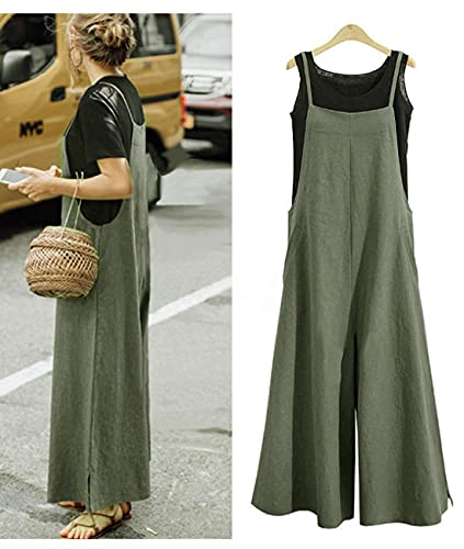 YESNO Women Casual Loose Long Bib Pants Wide Leg Jumpsuits Baggy Cotton Rompers Overalls with Pockets (3XL PZZTYP2 Dark Army Green)
