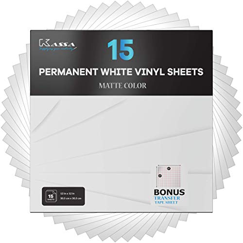 Kassa Permanent Vinyl Sheets - 15 Pack, 12” x 12” White Sheets with Bonus Transfer Tape - Self Adhesive, Durable and Waterproof Vinyl Bundle for Cutting Machines, Ideal for Indoor and Outdoor Projects