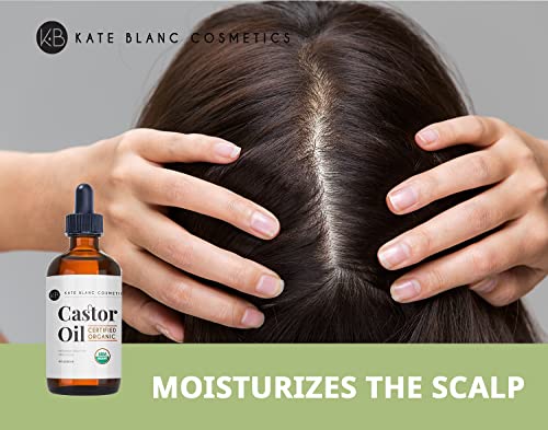 Organic Castor Oil (4oz), USDA Certified, 100% Pure, Cold Pressed, Hexane Free by Kate Blanc. Stimulate Growth for Eyelashes, Eyebrows, Hair. Skin Moisturizer & Oil Cleanse with Starter Kit