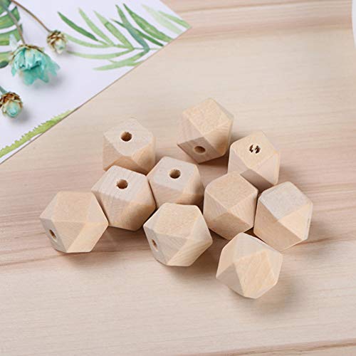 SUPVOX 100PCS Unpainted Faceted Geometric Wood Beads-14mm Natural Color Polygons Shape DIY Wooden Spacer Beads with Hole for Handmade Necklace