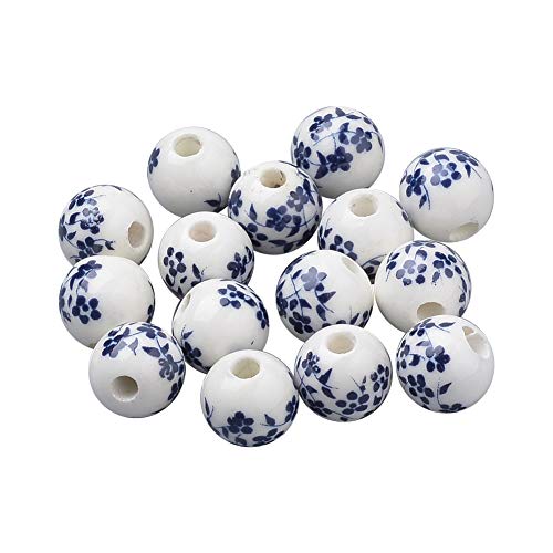 CHGCRAFT About 200pcs Handmade Printed Porcelain Beads Round Shaped Charm PrussianBlue Color Spacer Beads Loose Beads for DIY Jewelry Making 6mm, Hole 2mm