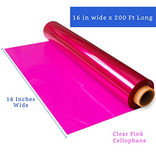 FIESTA WRAPS 200 ft Pink Cellophane Wrap Roll (16 in x 200 ft) - Cellophane Wrap Pink - Pink Clear Wrap - Cellophane Roll Pink - Pink Cello Wrap - Colored Cellophane Roll - Pink Transparent Paper