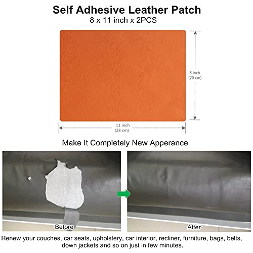 ILOFRI Self Stick On Leather Patch 2 Packs 8x11 inch, Vinyl and Leather Repair Kit, Leather Replacement for Sofa, Couch, Car Seat, Upholstery, Furniture. Quick Fix Vinyl Repair Sheet - Orange