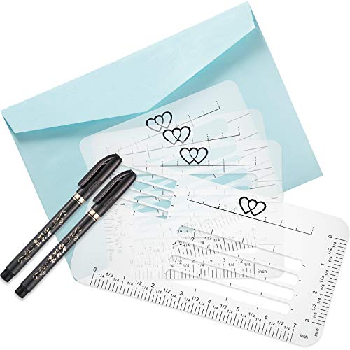 7 Pieces Envelope Addressing Guide 4 Style Addressing Stencil Templates for Envelopes with 2 Size Brush Pens, Making Thank You Card, Festival Cards, Wedding Invitations, Party Invitations