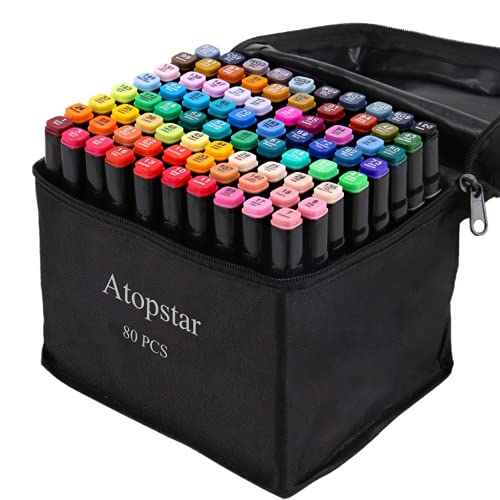 ATOPSTAR 80 Colors Alcohol Markers Artist Drawing Art Markers for Kids Dual Tip Markers for Adult Coloring Painting Supplies Perfect for Kids Boys Girls Students Adult(80 Black Shell)