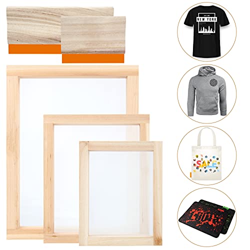 Colovis Screen Printing Frame and Squeegee Kit for Home or Small Business, Include 3 PCS Wooden Screen Printing Frames with Mesh and 2 PCS Screen Printing Squeegees