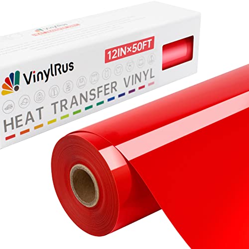 VinylRus Heat Transfer Vinyl-12” x 50ft Red Iron on Vinyl Roll for Shirts, HTV Vinyl for Silhouette Cameo, Cricut, Easy to Cut & Weed
