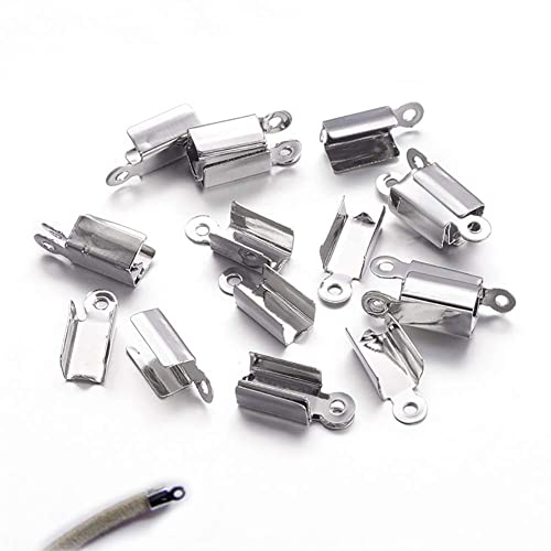 300 Pcs 4x8.5mm Folding Crimp Cord Ropes Ends Tips Terminators for Leather DIY Necklace Bracelet,Metal Fold Over Cord Ending Clasp Jewelry Making Connector Silver