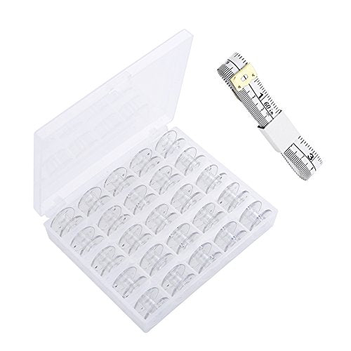 Valar Dohaeris 25 Pieces Transparent Class 15 Sewing Machine Bobbins and 60-Inch Soft Measure Tape with Storage Box Thread Organizer for Brother Janome Pfaff Singer Babylock Kenmore