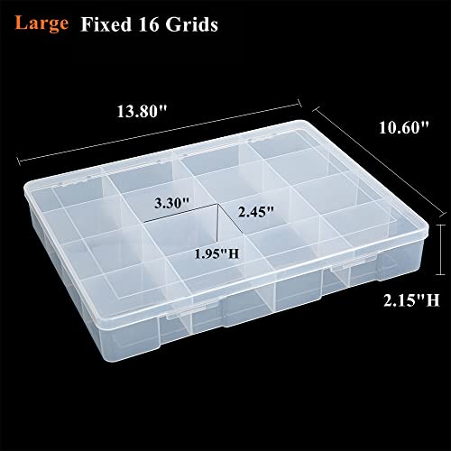 BangQiao 2 Pack Fixed 16 Grids Clear Plastic Large Compartment Container Case, Transparent Organizer Storage Divider Box with Lid for Bead, Button, Hardware, Screw, Sewing Kit, Craft Supplies