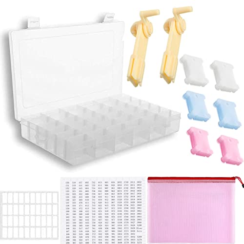 Embroidery Floss Cross Organizer Box Tools - Bobbin Winder, 1 Removable 36 Compartments with 120 Hard Plastic Floss Bobbins and Floss Number Stickers for Craft DIY Embroidery Sewing Storage(127pcs)