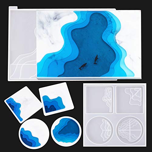 Ocean Large Rolling Tray Resin Mold with Coaster Resin Mold Coastal Wave Riverbed Ocean Painting Art DIY Crafts Silicone Epoxy Molds Organizer Tray Plate Table Ornament Home Decor