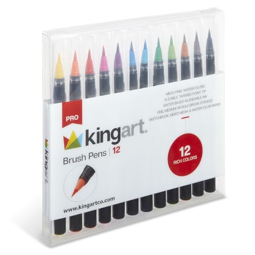 KINGART Pro Brush Pens, 12 Colors for Real Watercolor Painting with Flexible Nylon Brush Tips, Paint Markers for Coloring, Calligraphy and Drawing for Artists and Beginner Painters