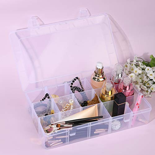 Umirokin 2 Pack 15 Grids Large Clear Plastic Organizer Box with Adjustment Dividers, Tackle Box Organizer, Compartment Organizer Containers for Bead Jewlery Rock Collection Washi Tapes Threads Screws.