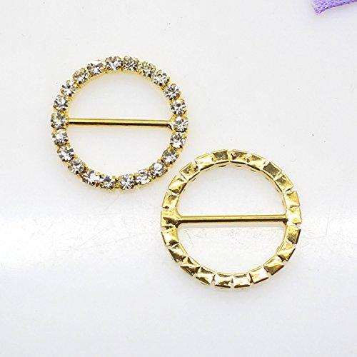 30pcs 25mm x 25mm Golden Round Shaped Rhinestone Ribbon Buckle Slider for Wedding Invitation Letter Christmas Buckles