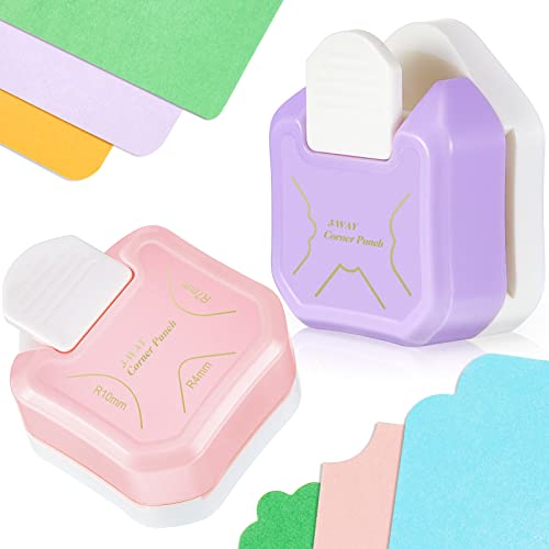 Gersoniel Creative Pattern Corner Punch 2 Pcs 3 in 1 Cutter Shapes Hole Paper Craft Rounder for Crafting, Scrapbooking Supplies, Business Card, Photo(Pink, Purple), Blue,Pink