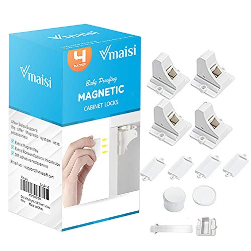 Child Safety Magnetic Cabinet Locks - vmaisi 4 Pack Adhesive Baby Proofing Cabinets & Drawers Latches