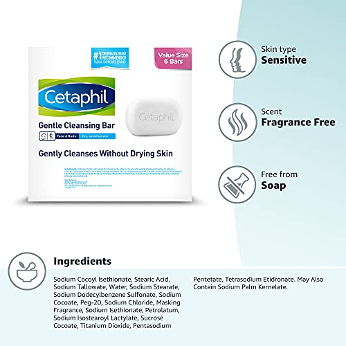 CETAPHIL Gentle Cleansing Bar, 4.5 oz Bar (Pack of 6), Nourishing Cleansing Bar For Dry, Sensitive Skin, Non-Comedogenic, (Packaging May Vary)