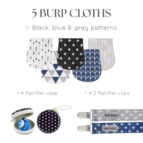 Dodo Babies 5-Pack Baby Burp Cloths - Soft, Absorbent Cotton Burp Cloths - Includes Pacifier Case and 2 Pacifier Clips - Colors: Black, Blue and Grey