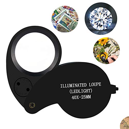 Beileshi 40X Magnification Loupe Jewelry Magnifier Folding Glass Lens + Full Metal Magnifying Loop LED Magnifier (Black)