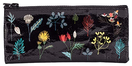 Blue Q Pencil Case, Plant Study - chunky zipper, sturdy and easy-to-rinse-clean, 4.25"h x 8.5"w, made from 95% recycled material (Black with Botanical Drawings)