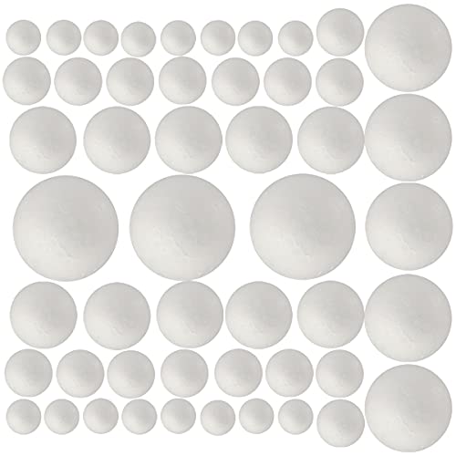 50 Pack Craft Foam Balls, 5 Sizes(1-2.4 Inches),White Polystyrene Smooth Round Balls, Foam Balls for Arts and Crafts, Christmas, DIY Craft for Home, Supplies School Craft Project and Holiday Party。