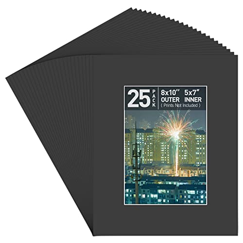 Golden State Art Pack of 25, Acid-Free Black Pre-Cut 8x10 Picture Mat for 5x7 Photo with White Core Bevel Cut Frame Mattes